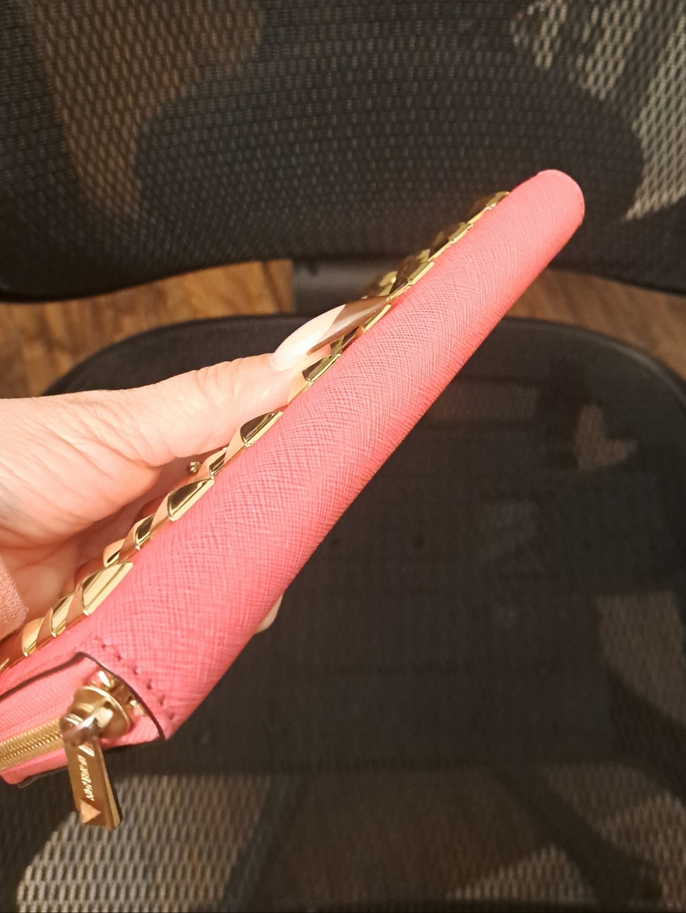 EUC Michael Kors Hot Pink Saffiano Zip Wallet with Gold Studs - Picture 3 of 11
